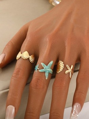 Ocean Theme Blue Starfish And Shell Open Ring Set One Size