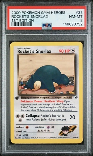 2000 POKEMON GYM HEROES 1ST EDITION #33 ROCKET'S SNORLAX PSA 8