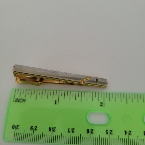 YSL Yves Saint Laurent Tie Bar Clip Clasp Gold Silver Tone 2in Logo Vintage - Picture 6 of 6