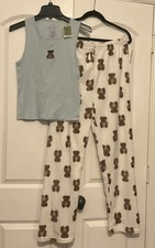 WOMENS  XL IVORY CREAM TEDDY BEAR/BLUE 2 PC SET PAJAMAS PJ'S SET NEW!