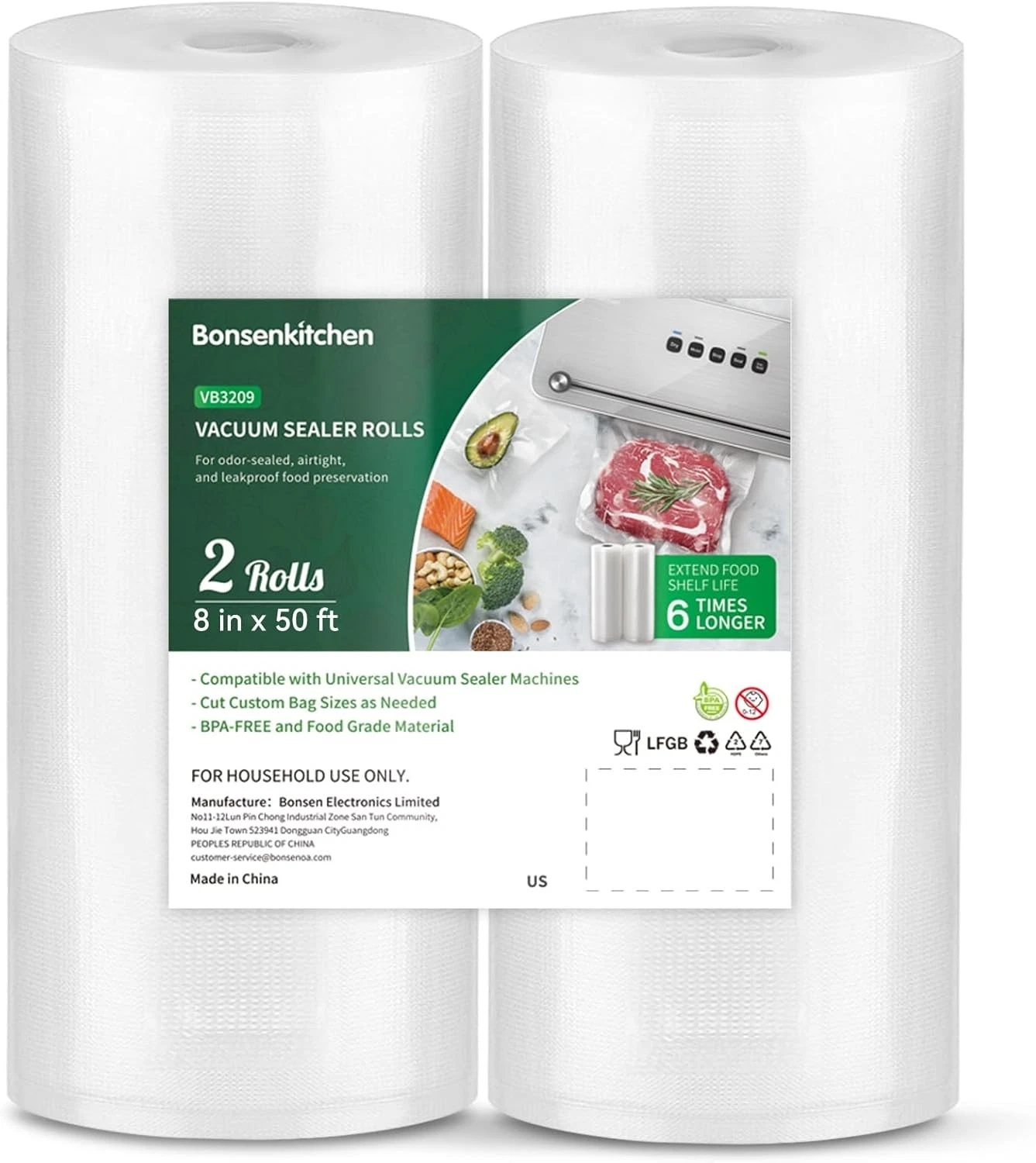 Bonsenkitchen Vacuum Sealer Bags, 8" x 50' 8 in x 50 ft (2 Packs), Clear