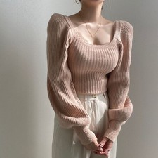 Womens Square Neck Knitted Sweater Jumper Pullover Puff Sleeve Knitwear Plain