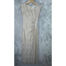 Tahari Arthur Levine Dress Womens 4 Gold Lace Ruched Formal Gown Cap Sleeve