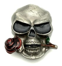 Skull Belt Buckle Rose In Mouth Pewter Silver Tone Marked HB126 Unisex Biker