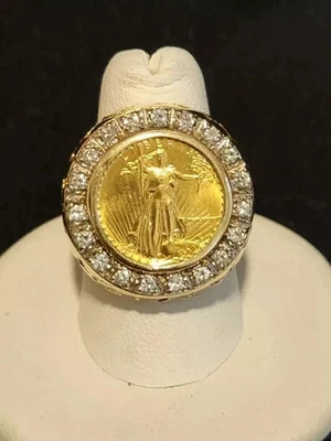 2Ct Round Cut Lab Created Diamond Men's Liberty Coin Ring 14K Yellow Gold Plated - image 1 of 4