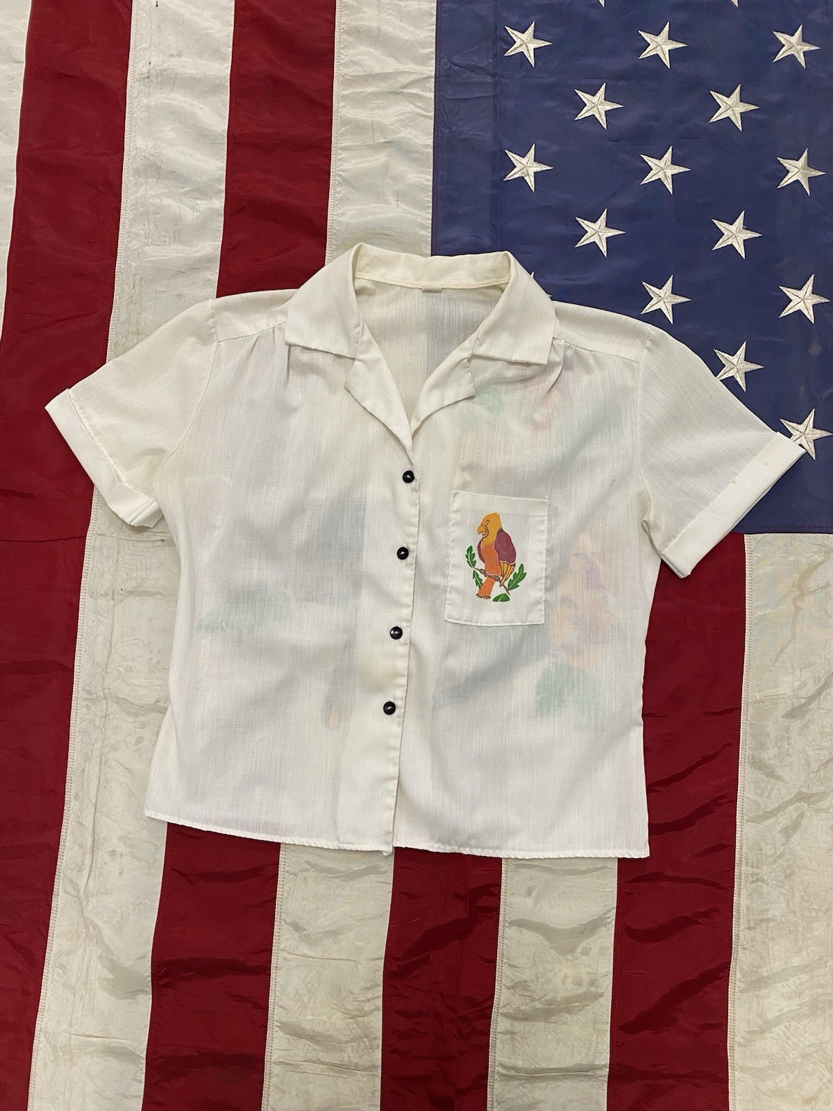 1960’s Union Made Bowling Style Shirt Black Cat / Tropical Bird Graphic Small image 2