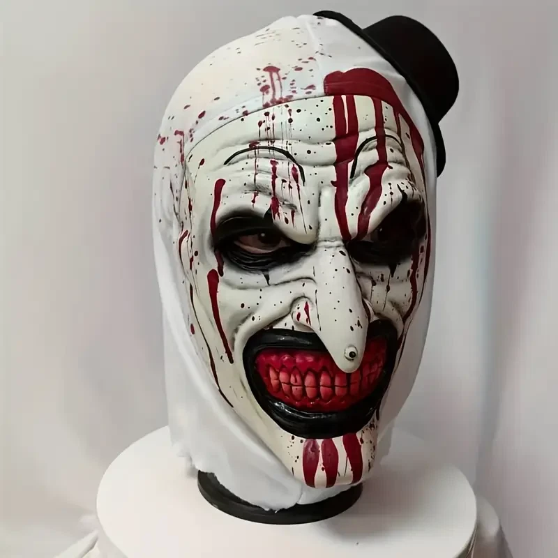 Scary Latex Clown Mask with Hood – Black & White Blood Drip Horror Party Costume - Image 3 of 4