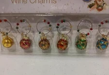 Art Glass 6 Wine Charms Gift Pack Partyware Christmas Holiday Themed XM-1170