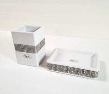 Bella Lux Soap Dish Toothbrush Holder Set White Ceramic Rhinestones Gemmed Glam