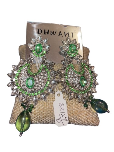 Dhwani Pierced Earrings Silver tone Clear Green Rhinestones Prom 2.5" NEW on Car