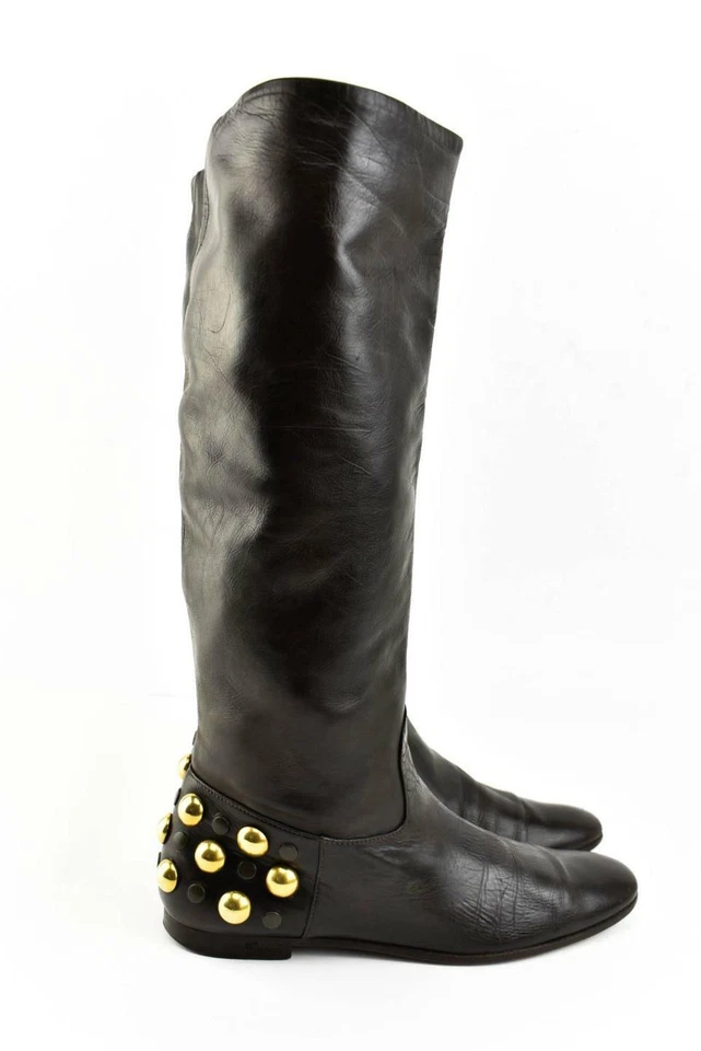 GUCCI:棕色皮革和金色镶嵌高摩托靴,尺寸:6.5M — 第 2/4 张图片