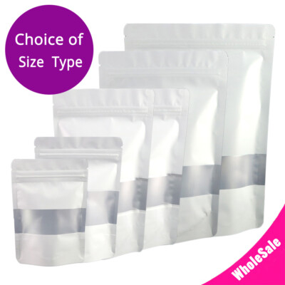 Multi-Size Foil Mylar Matte White Stand Up Zip Seal Bag w/ Rectangle Window w02