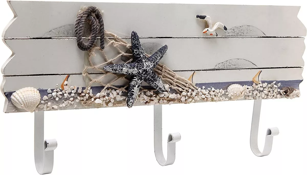 Oceanic Coastal White Sandy Beach Style Wood 3 Metal Coat Hooks