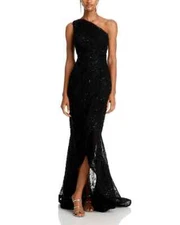 Teri Jon by Rickie Freeman Sequin Embroidered One Shoulder Gown Women's 8 Black