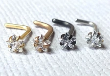 1pc L-Bend Nose Ring w/ Prong Set Clear Star Gem Ion Plated 316L Surgical Steel