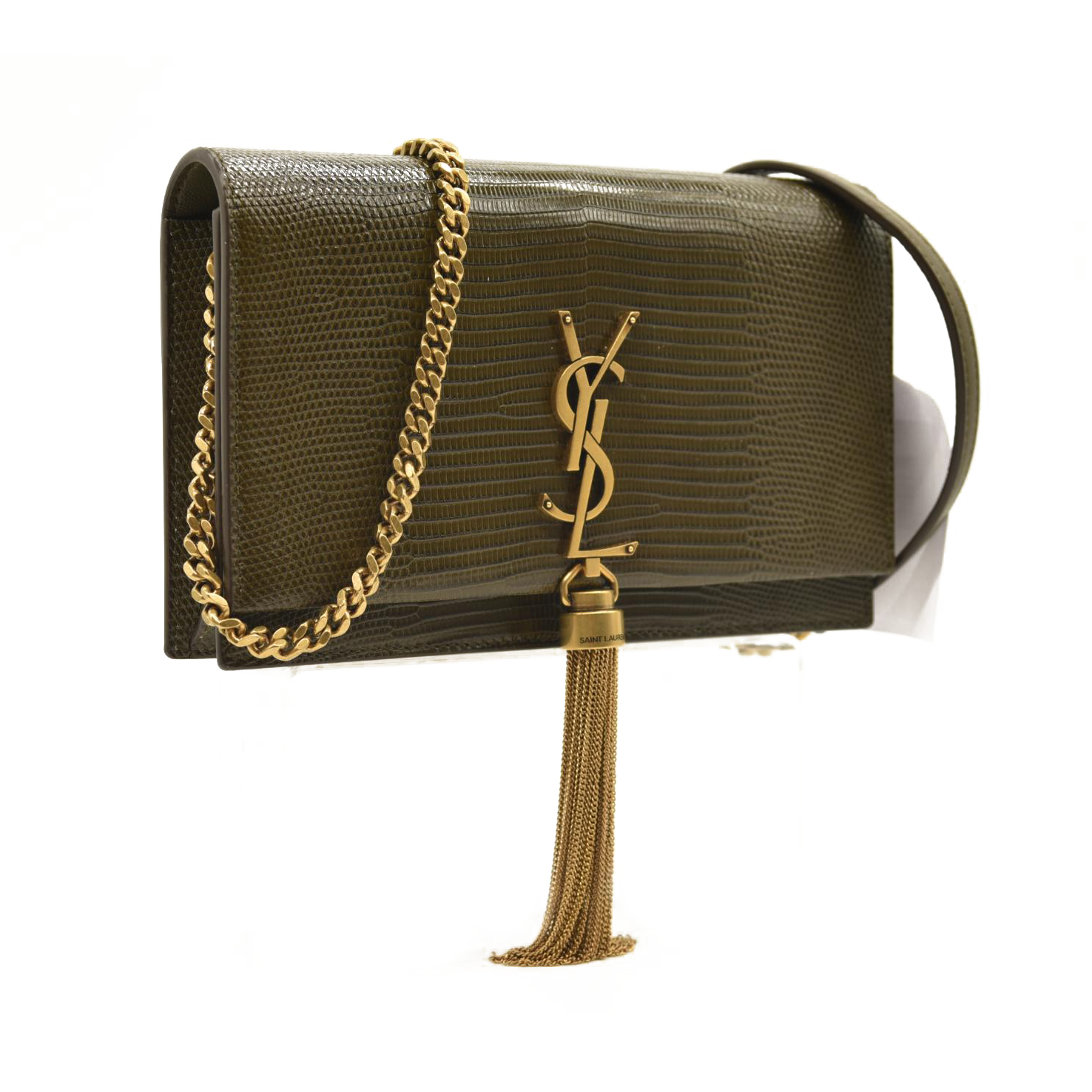 NUOVO $3100 SAINT LAURENT pelle di vitello croc goffrato monogramma Kate nappa catena portafoglio