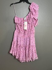 Buddy Love Sofia Zodiac One-Shoulder Ruffled Dress L Pink & Gold Stars