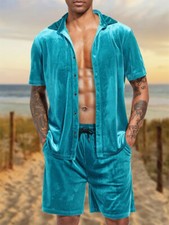 Mens Velvet Outfit 2-Piece Set Short Sleeve T Shirts and Shorts Sweatsuit Set
