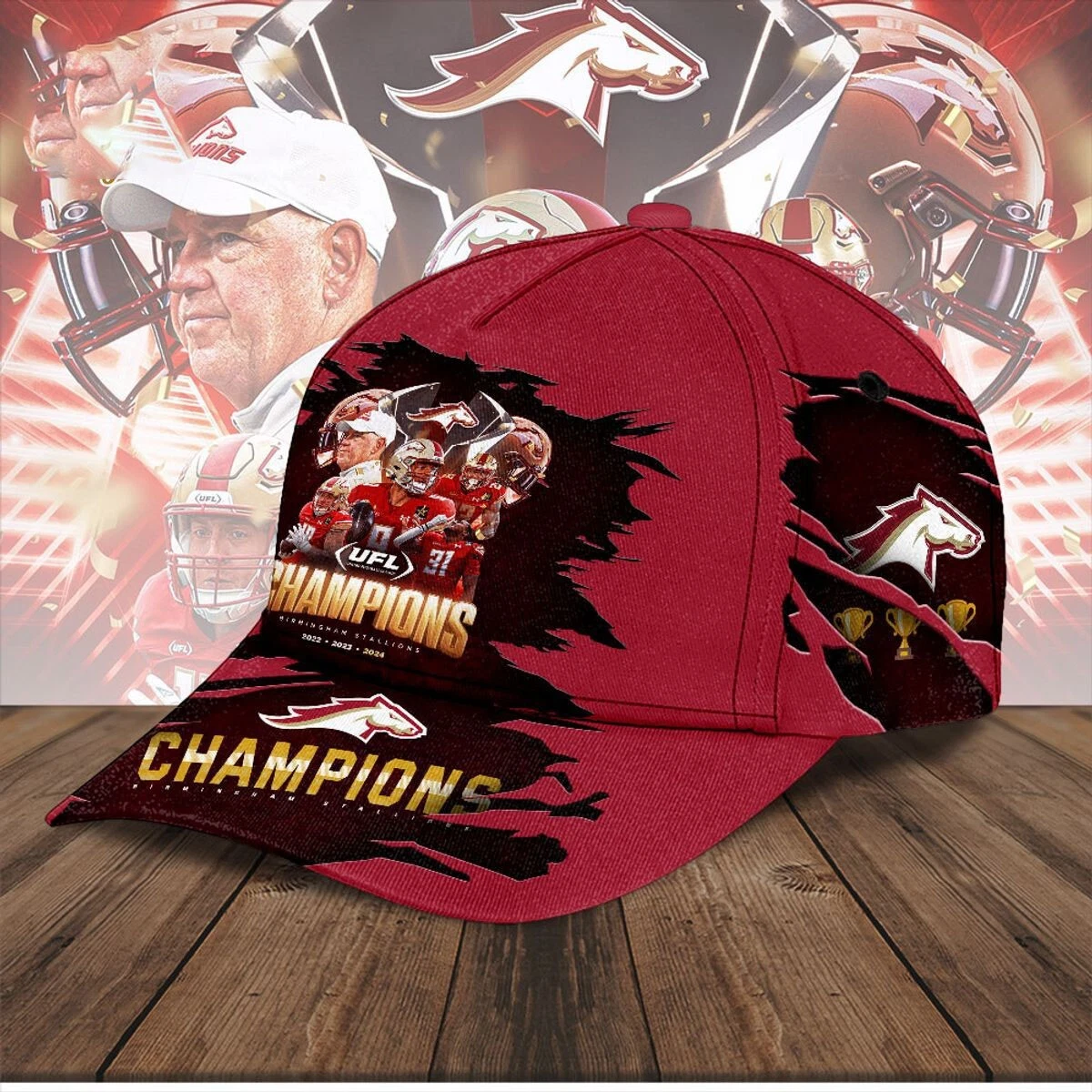 Birmingham Stallions UFL Champions 2024 Baseball Caps AOP, Gift For Fan, Summer Cap