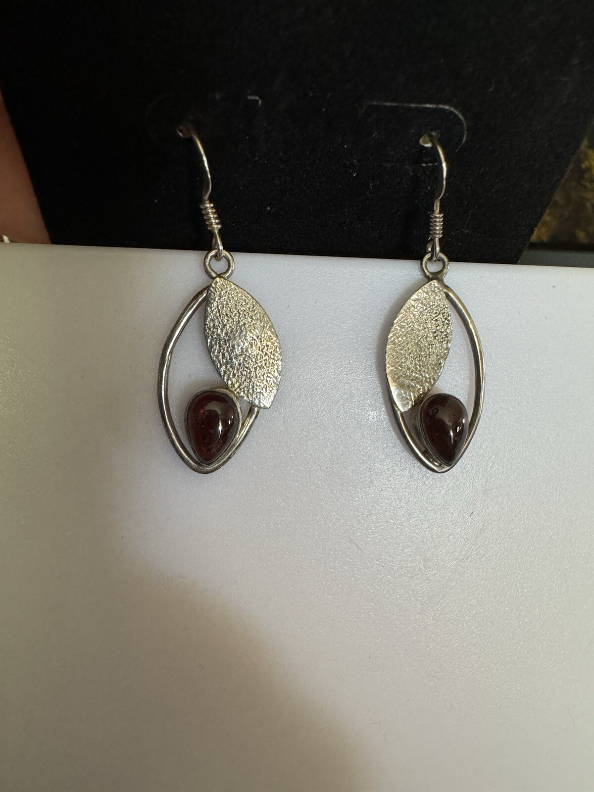 Sterling Silver Leaf Earrings With Ruby Glass Cab… - image 1