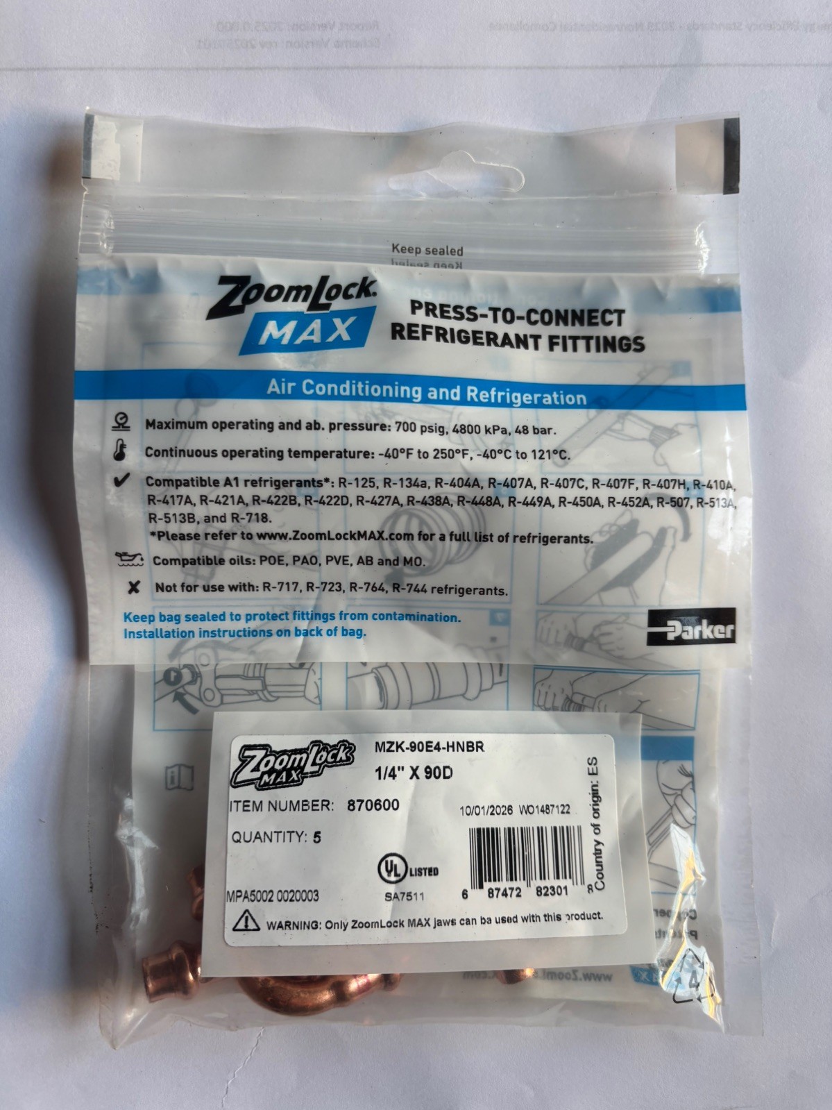 Zoom Lock Max Press To Connect 1/4" 90 Degree Elbow 870600 5 Pack Lot Parker