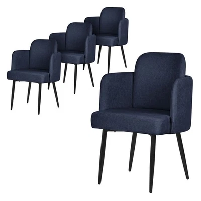 4x Chaises salle à manger tissu bleu foncé avec accoudoirs dossier aspect rotin - Photo 1/4