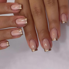 French Tip Press on Nails Short Square Fake Nails Gold Nail Tips Press Ons Gloss