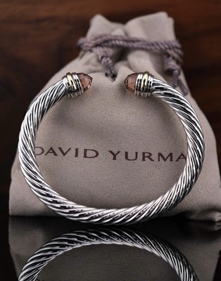 David Yurman 7mm Cable Bracelet Sterling Silver Morganite & 14k Gold Sz: Medium