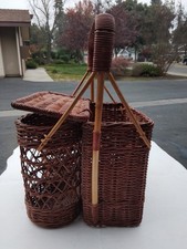 Vintage Woven Rattan Picnic Caddy with Wine Holders Wine and Cheese Basket