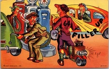 PC2174 Gas Station Pumps Car Auto Scooter Comic Humor Curteich Linen Postcard