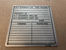 Vintage B.F. GOODRICH Tire Co Aluminum Metal Sign Tag TOOL RECORD Akron OH #2