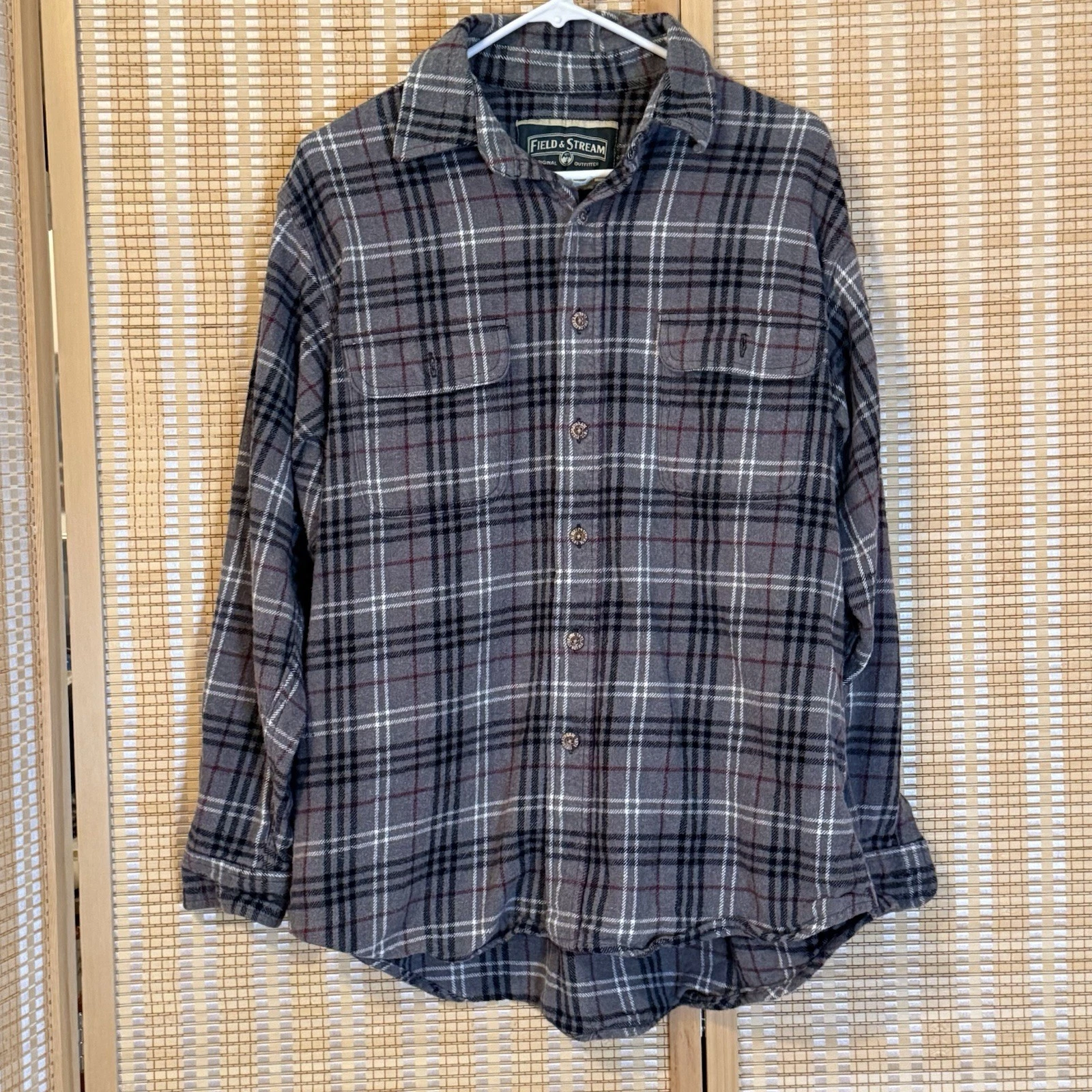 Field & Stream Mens L Flannel Shirt Gray Plaid Button Up Western Preppy Ranch