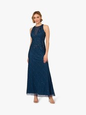 Adrianna Papell Studio Gown 14 Blue Beaded Sequin Mermaid Halter Evening Gown