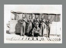 WW2 Era Photo U.S. Army GIs With Rifles Outside Camp Barracks
