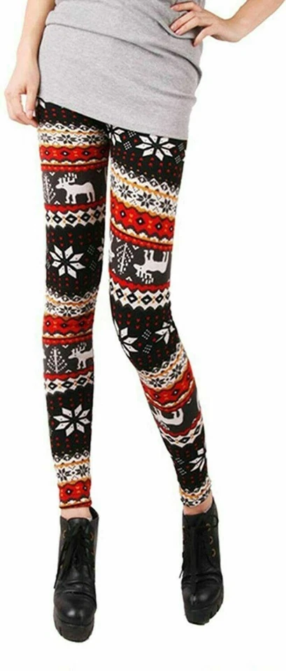 Leggings para mujer suaves y elásticos forrados de vellón, estampado de copo de nieve, reno Foto 2 de 3