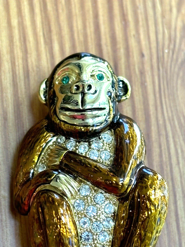 Vintage Gold Tone Brown Enamel Pave Rhinestones Monkey Brooch Pin 1 3/4" - 第 5/5 張圖片