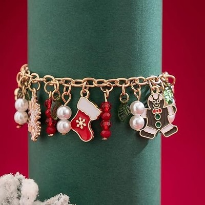 Gold Enamel Christmas Charm Bracelet Link Jewelry Holiday  display picture 1