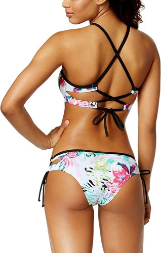 Bar III WHITE MULTI Tropical High-Neck Lace-up Bikini Swim Top, US X-Large - Picture 3 of 3