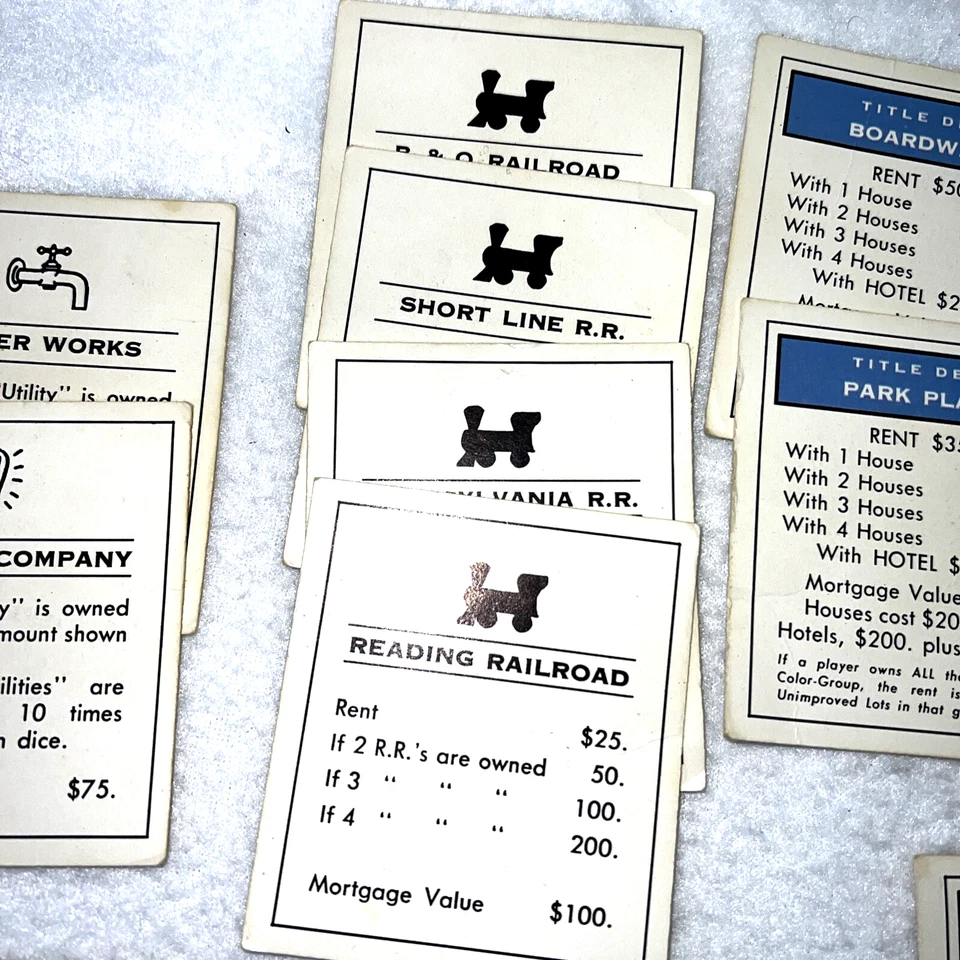 Lote de cartas y reglas de cofre comunitario de oportunidad de propiedad de juego Monopoly 1961 de colección EE. UU. Foto 4 de 4