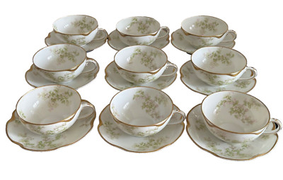Haviland Limoges France Schleiger 61A Green Flowers Set of 9 Cups