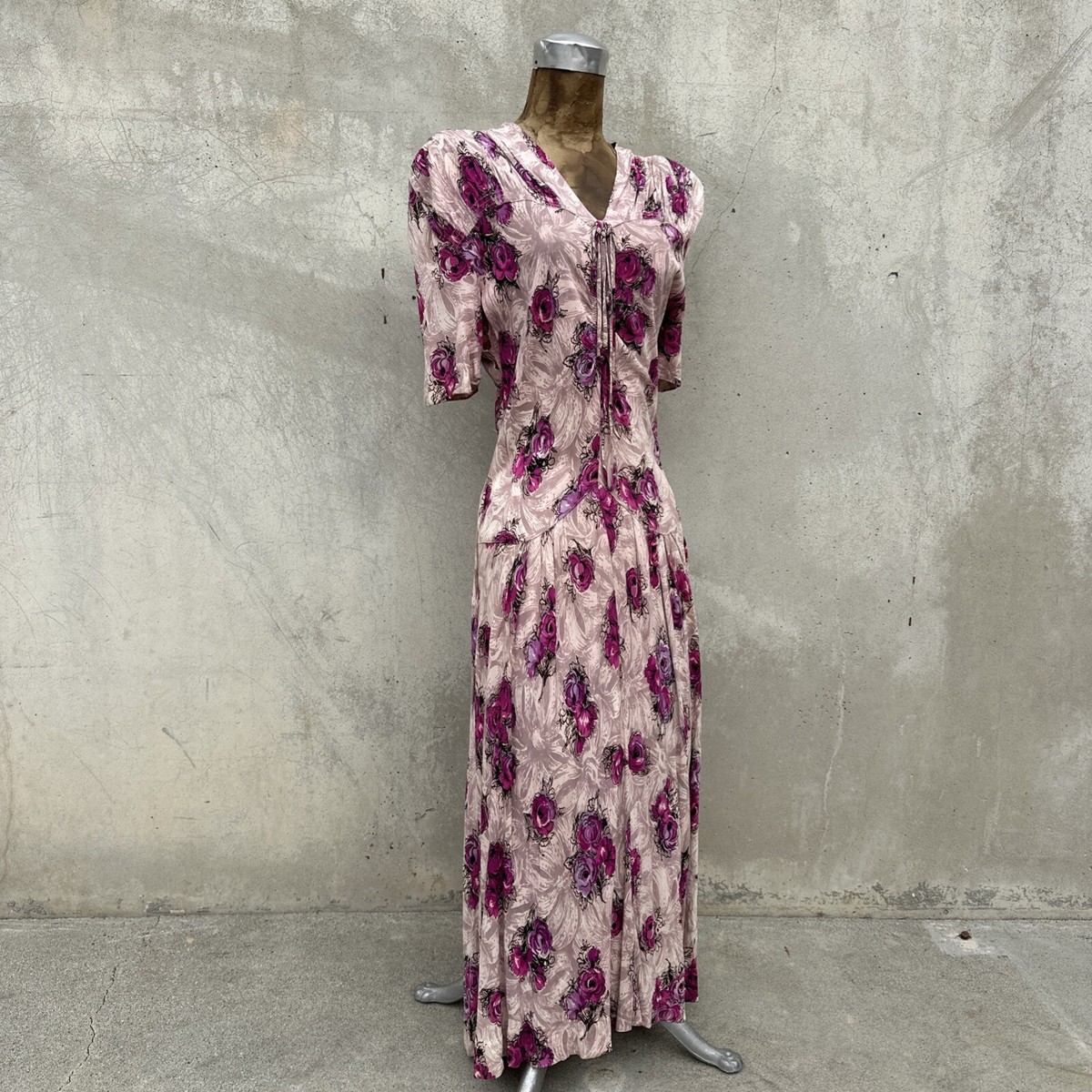 Vintage 1930s Purple Floral Print Jersey Rayon Midi Dress Ruching Bow Roses