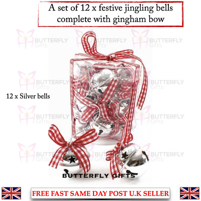 12 Silber Jingle Bells Weihnachtskugeln Hängedeko mit Gingham Schleife