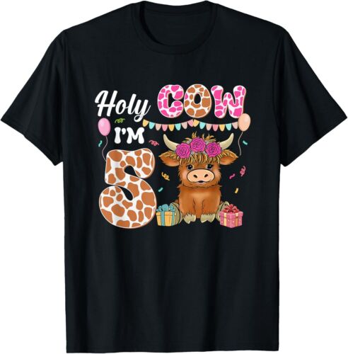 Holy Cow I'm 5 Highland Cow Farming 5th Birthday 5 Years Old T-Shirt Hoodie