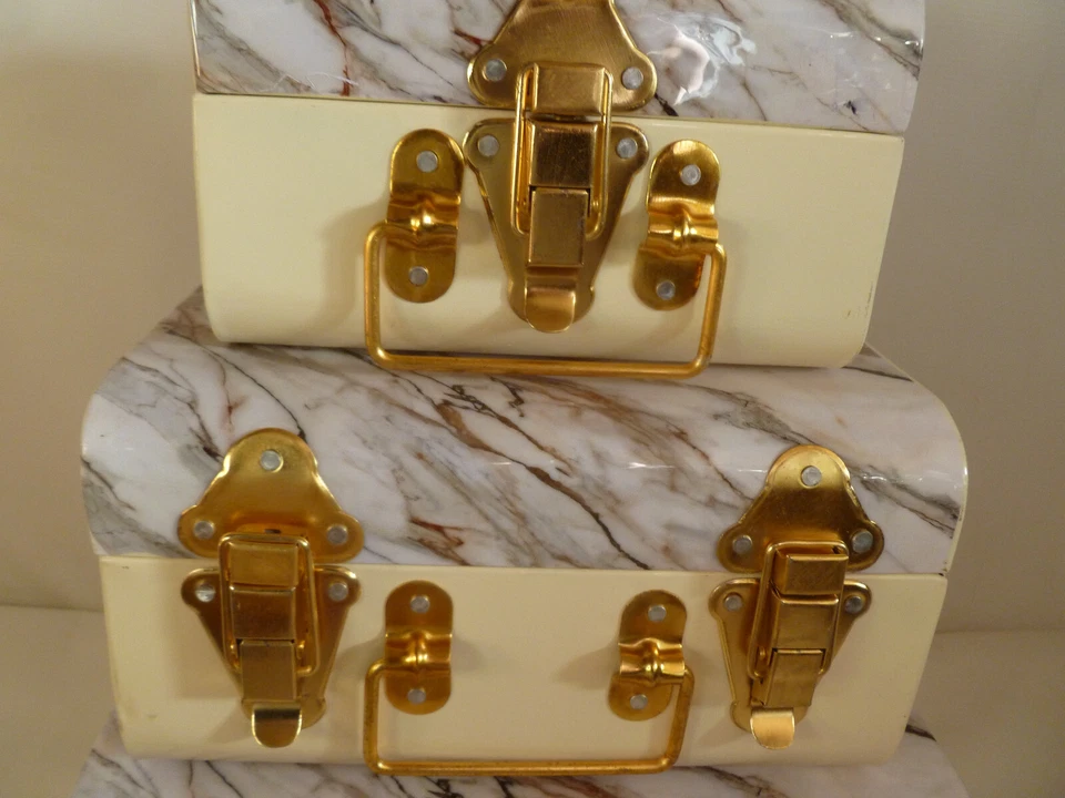 Set of 3 Small Metal Storage Trunks Chests in Marble Effect Lockable Lids New - Image 4 of 4