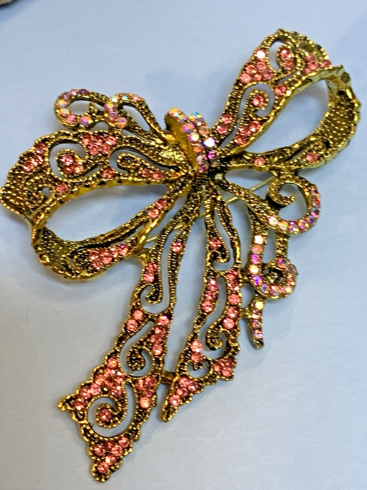 Sparkling Pink Iridescent Rhinestone Bow Brooch 2.25 X 2.5 Inches