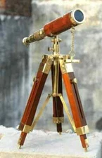 Brass Leather Telescope Spyglass With Wooden Tripod Stand Antique Nautical Gift