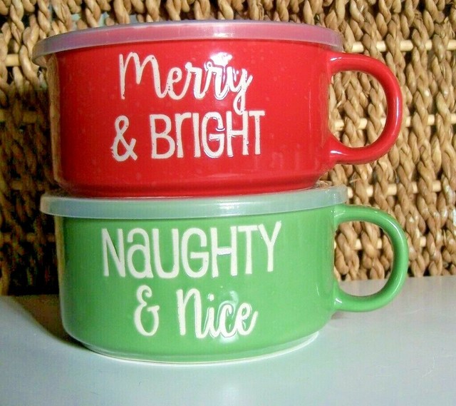 Christmas Soup Mug Lid Seasonal Whimsy Set 2 Gift Carved Pottery NEW 22