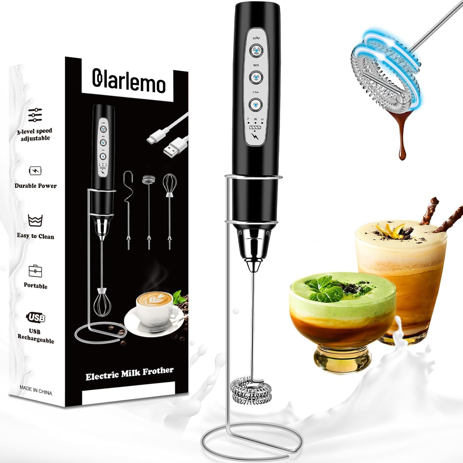 Milk Frother Handheld Rechargeable with Stand, Frother Wand Drink Mixer Electric-image