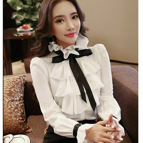 Women Girl Chiffon Shirt Slim Ruffle Stand Collar Long Sleeve Top Blouse Vintage - Picture 4 of 10