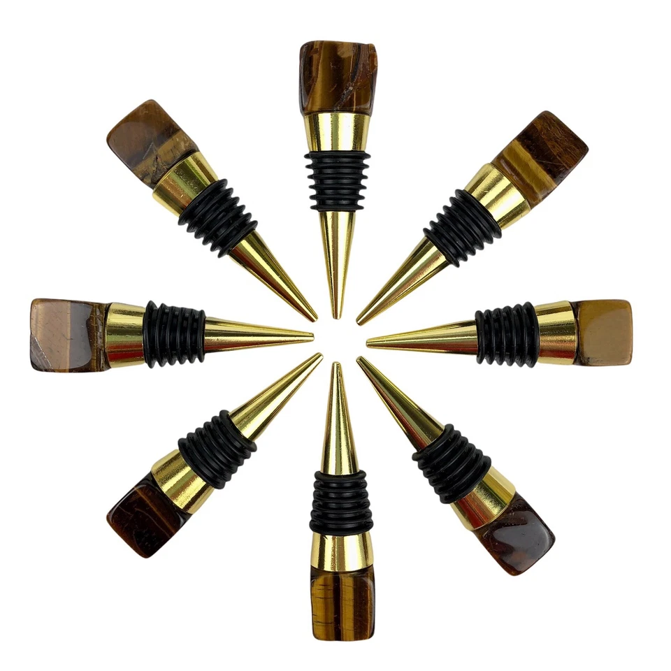 Tapón de botella de vino chapado en metal dorado cuarzo cristal corte cuadrado ojo de tigre Foto 4 de 4